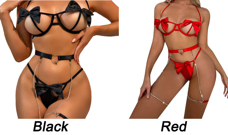 Sexy Bowknot Love Heart Garter Belt Chain Leg Rings Bralette Panty Underwear Slutty Naughty Underwire Bikinis Erotic Women's Lingerie