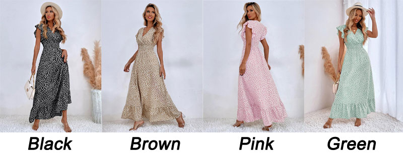 Summer Leaf Dot Print High Waist Ruffled Sleeves V Neck Beachwear Lady Long Dress