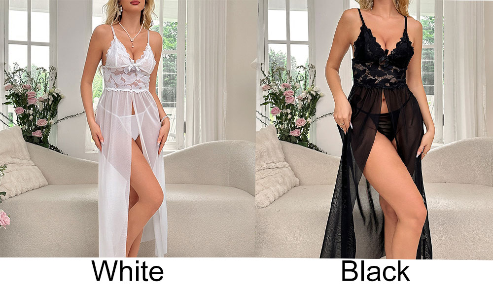 Sexy Bowknot Women's Erotic Lingerie Deep V Neck Floral Lace Mesh Front Slit Long Nightgown Robe