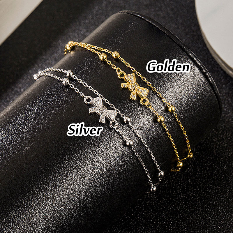 Dainty Bowknot Zircon Chain Double Layers Beads Birthday Gifts Cuff Jewelry Wristband Accessory Sterling Silver Bracelet