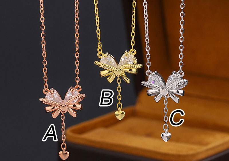 Dainty Bowknot Love Heart Zirconia Pendant Trendy Chain Jewelry Birthday Gift Accessory Silver Bride Women's Necklace