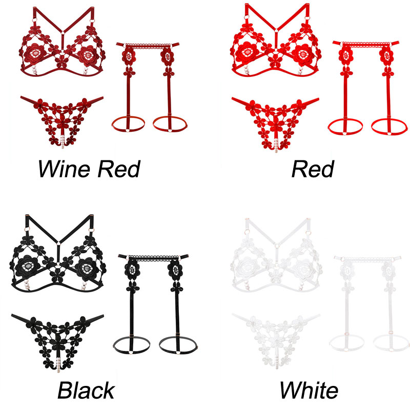 Sexy Pearl Massage Flower Hollow Lace Crotchless Garter Belt Bra Panty 3 Piece Set Strappy Underwear Naughty Women's Lingerie