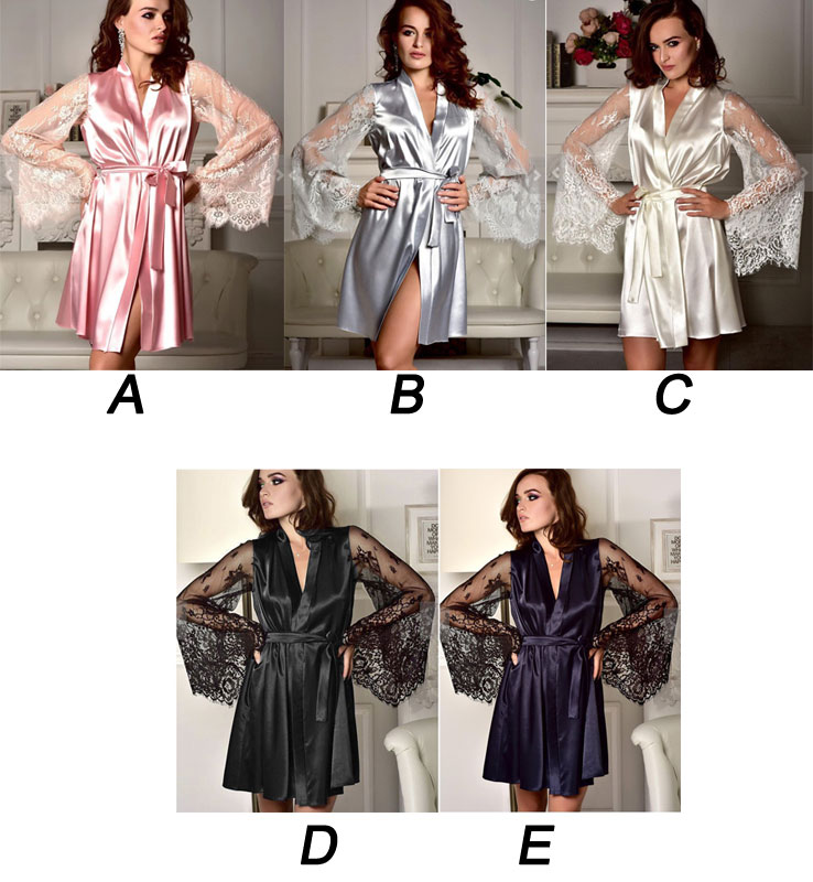 Sexy Satin Lace Long Sleeve Gowns Bathrobes Dress Chemise Nightie Lingerie Nightgown Belt Bride Maternity Kimono Women's Robe