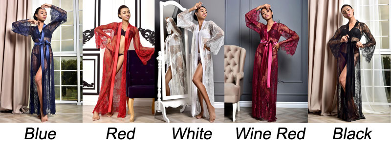 Sexy Thin Hollow Mesh Flower Lace Long Sleeve Sheer Gown Dress Kimono With Belt Babydoll Strap Nightgown Bathrobes Lingerie Nightdress Robe