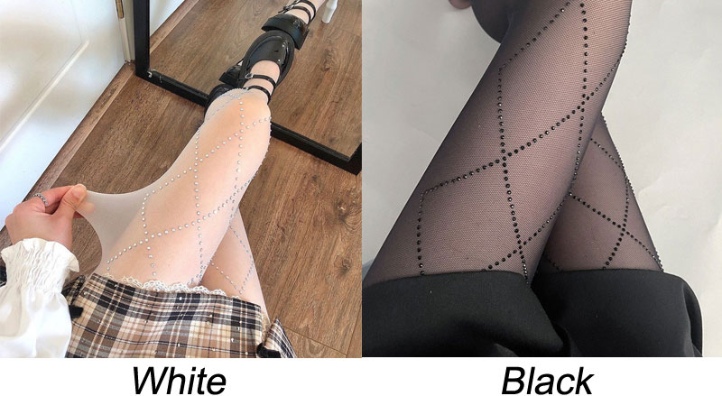 Sexy Sparkly Rhinestone Rhombus Mesh Sheer Ultra-Thin Tights Leggings Pantyhose Socks Anti-slip Elastic Women's Stocking Club Wear Thigh High Stockings