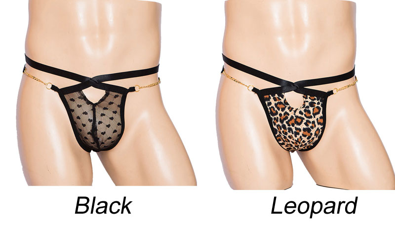 Sexy Leopard Love Heart Mesh Sheer Chain Cross Bulge Pouch Lingerie Gay Underpants Erotic Underwear Sissy Briefs T-back Thong
