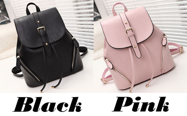 Sweet Pink PU Flap Draw String Zipper Metal Lock Belt Rivets School Backpack