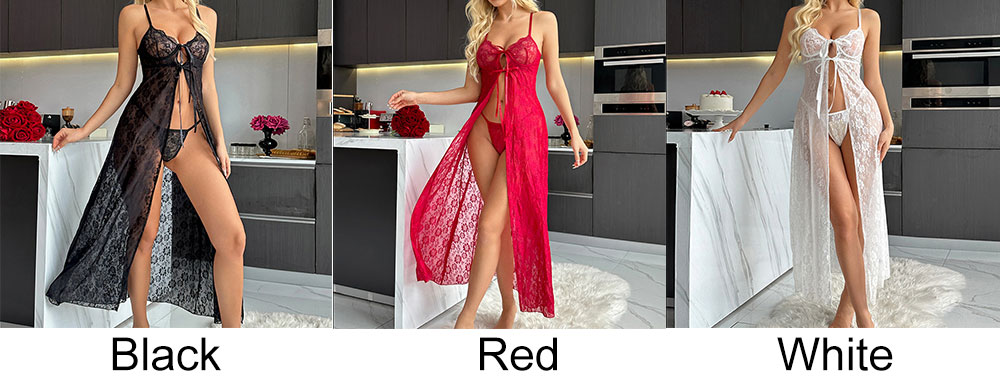 Women's Sexy Erotic Lingerie Mesh Front Open Slit Bowknot Exotic Loungewear Nightie Long See-Through Robe Nightgown Bridal Maxi Nightdress