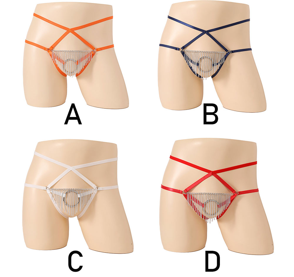 Sexy Men's Expose Penis Rings Fringe Metal Chain Sissy Erotic Lingerie Fetish Gay BDSM Inspired Underpants Thong