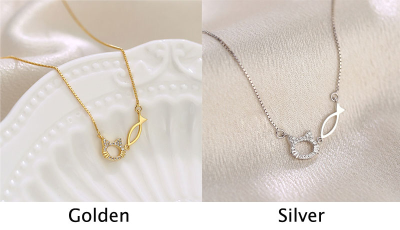 Fashion Zircon Cat Kitten Head Fish Pendant Necklace Jewelry Valentine's Day Gift For Women Animal Sterling Silver Necklace