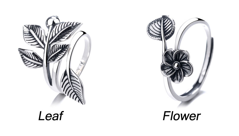 Retro Flower Leaf Open Adjustable Ring Promise Ring Jewelry Gift For Girl Sterling Couple Silver Ring