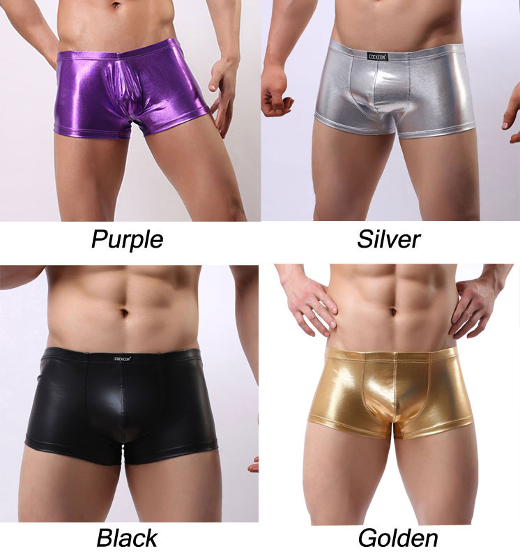 Sexy Shiny Faux Leather Boxer Briefs Men's Thong Lingerie Sissy Mesh T-back Underpants Jockstraps Underwear