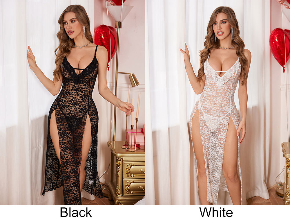 Sexy Mesh Hollow-Out Side Slit Long Gown Women's Loungewear Erotic Lingerie Nightgown Bridal Maxi Robe
