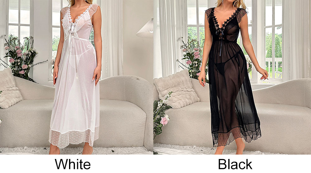 Sexy Floral Lace Deep V Mesh Long Gown Ruffled Polka Dot See-Through Women's Erotic Lingerie Robe Bridal Maxi Exotic Nightgown