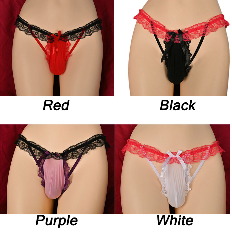 Sexy Lace Bulge Pouch Bowknot Contrast Color Panty Underwear Men's Lingerie Sissy Crossdress T-back Underpants G-string
