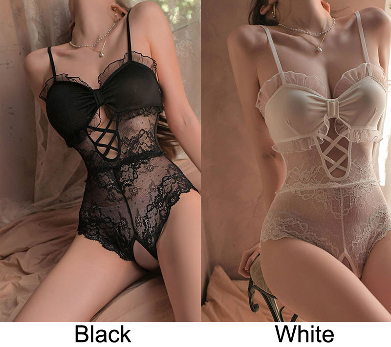 Sexy Ruffle Trim Cross Lace Crotchless Nightwear Teddy Corset Bodysuit Erotic Strappy Leotard Jumpsuit Womens Lingerie 