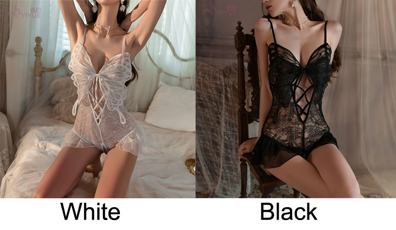 Sexy Lace Butterfly Ruffle Mesh Mini Chemise Crotchless Nightwear Teddy Corset Leotard Jumpsuit Bodysuit Erotic Womens Lingerie
