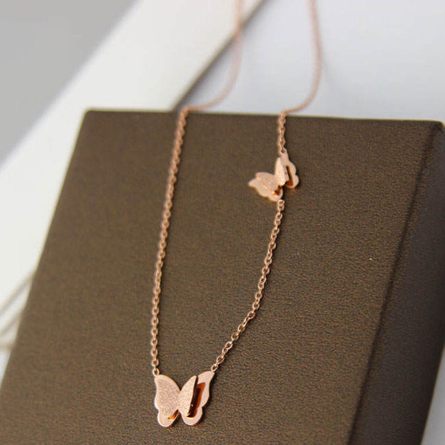 Cute Double Butterfly Pendant Animal Rose Gold Necklace