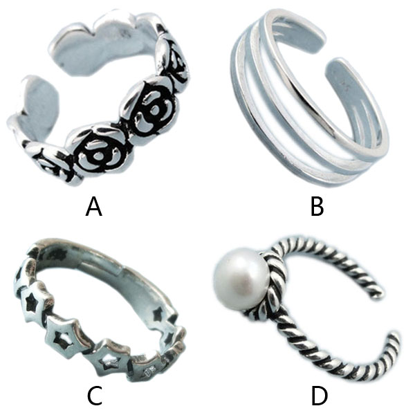 Retro Women Flower Pearl Star Twist Open Silver Rings