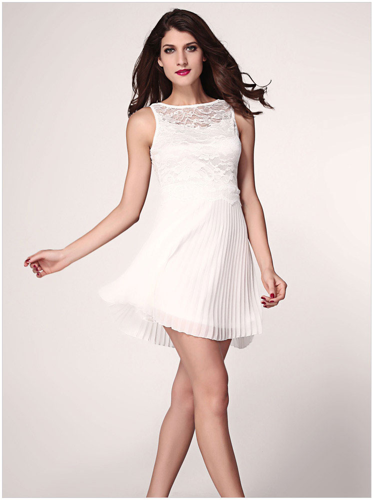 Round Collar Embroider Backless Lace Pleated Dress