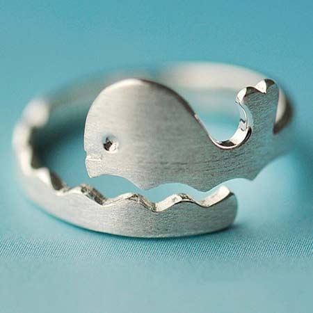 Cute Dolphin Silver Ring Frosted Ocean Style Vivid Whale Wave Open Ring