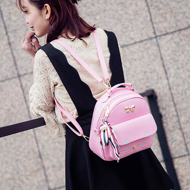 Cute Cartoon Kitty Metal Bow Cat Embroidery Animal School Backpack