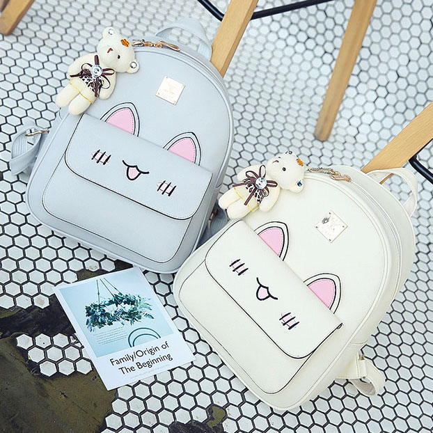 Cute Girl's PU Embroidery Rabbit Face Backpack Stereo Rabbit Ears Cartoon Animal School Backpack