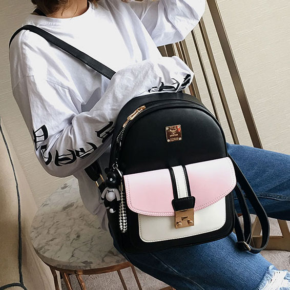 Sweet Women Contrast Color Girl's School Bag Small Black PU College Backpack