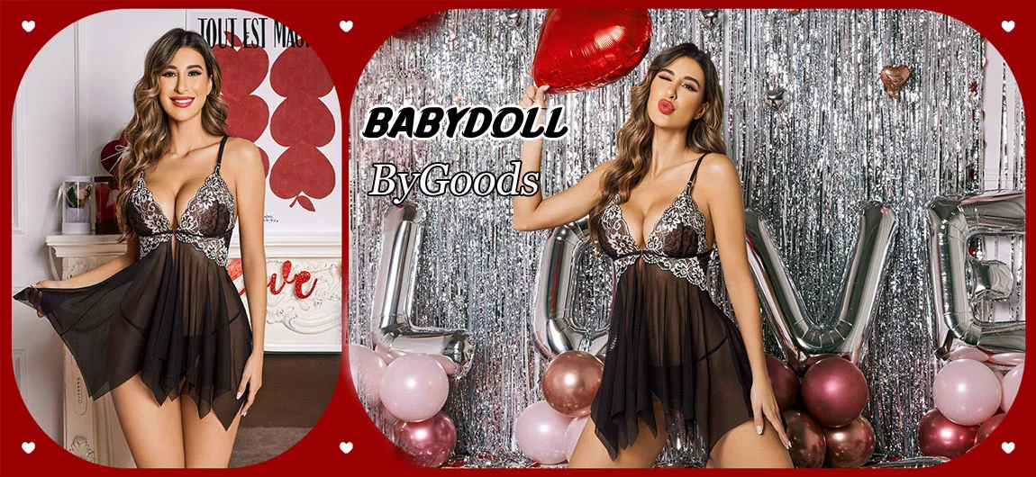 Sexy Babydoll For Women Chemise V Neck Mesh Lace Front Closure Nightdress Embroidery With Thong Lingerie